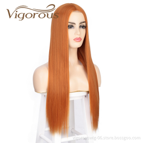 Wholesale Price Long Silky Straight Wave Middle Part Small Part Lace Pre Plucked Orange Cosplay Party Synthetic Hair Wigs